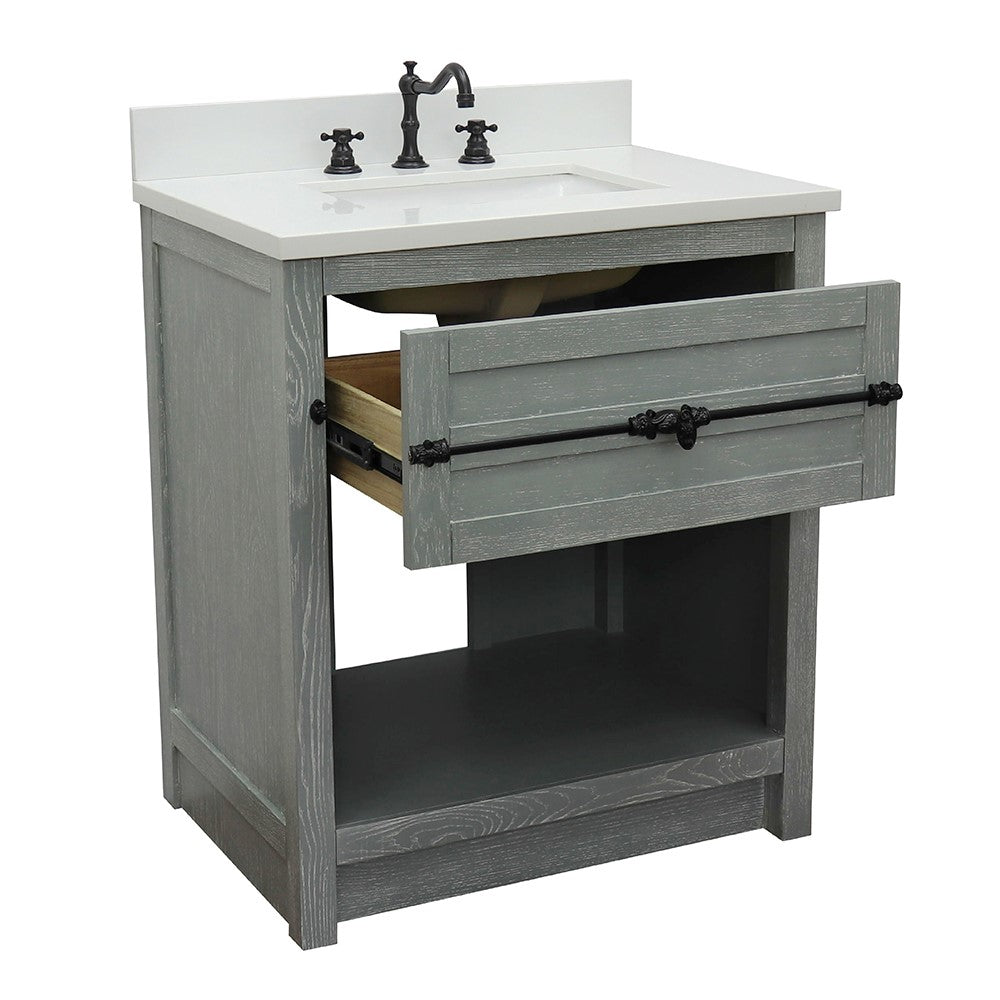 Bellaterra Home 31" Gray Ash Single Sink Bathroom Vanity with White Quartz Top and Rectangle Sink, Plantation Collection