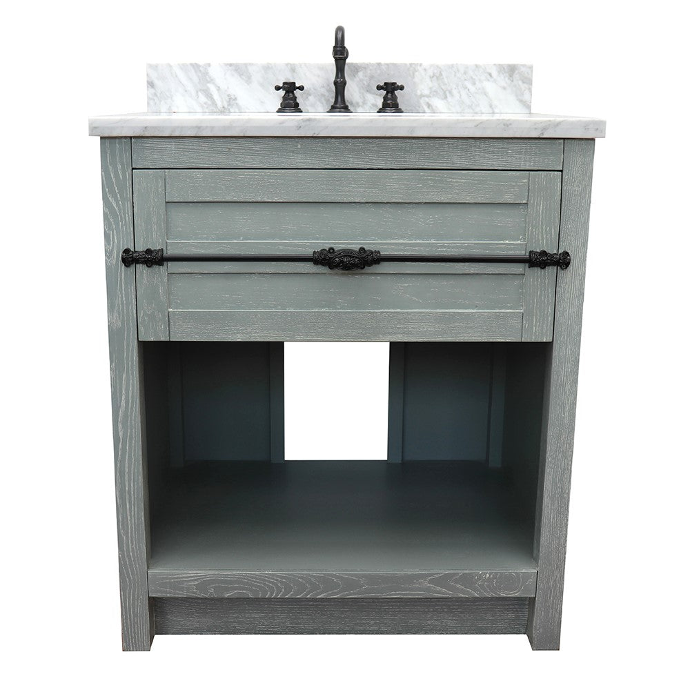 Bellaterra Home 31" Gray Ash Single Sink Bathroom Vanity with White Carrara Top and Oval Sink, Plantation Collection