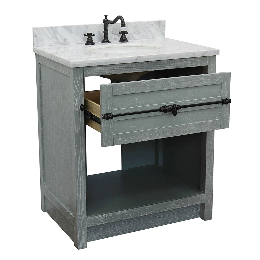 Bellaterra Home 31" Gray Ash Single Sink Bathroom Vanity with White Carrara Top and Oval Sink, Plantation Collection