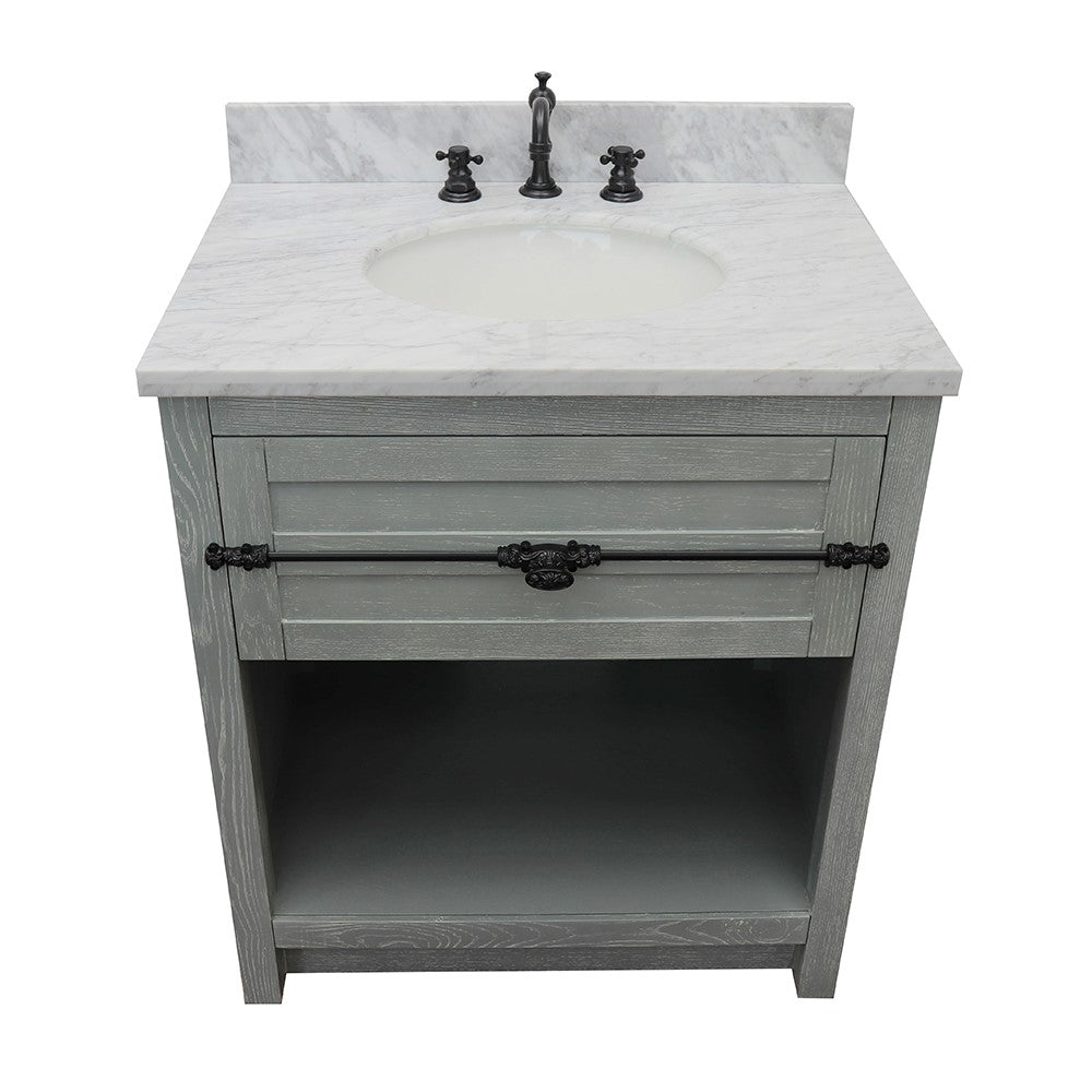 Bellaterra Home 31" Gray Ash Single Sink Bathroom Vanity with White Carrara Top and Oval Sink, Plantation Collection