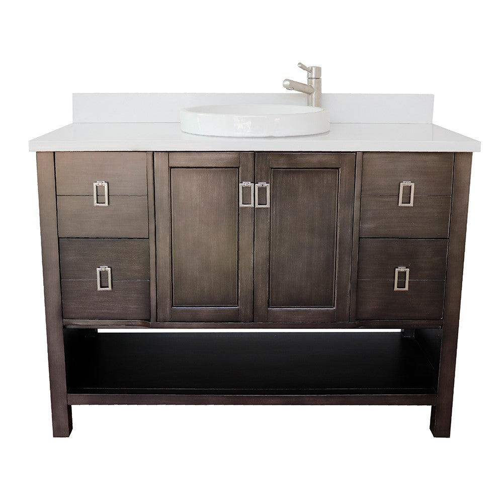 Bellaterra Home 49" Silvery Brown Single Sink Bathroom Vanity with White Quartz Top and Round Sink, Monterey Collection