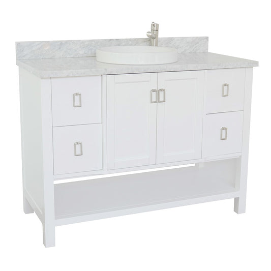 Bellaterra Home 49" White Single Sink Bathroom Vanity with White Carrara Top and Round Sink, Monterey Collection