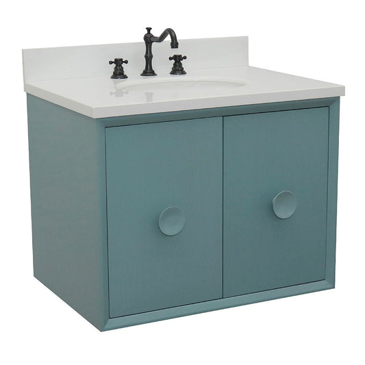 Bellaterra Home 31" Aqua Blue Single Sink Floating Bathroom Vanity with White Quartz Top and Oval Sink, Stora Collection