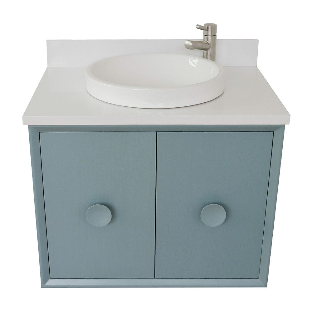 Bellaterra Home 31" Aqua Blue Single Sink Floating Bathroom Vanity with White Quartz Top and Round Sink, Stora Collection