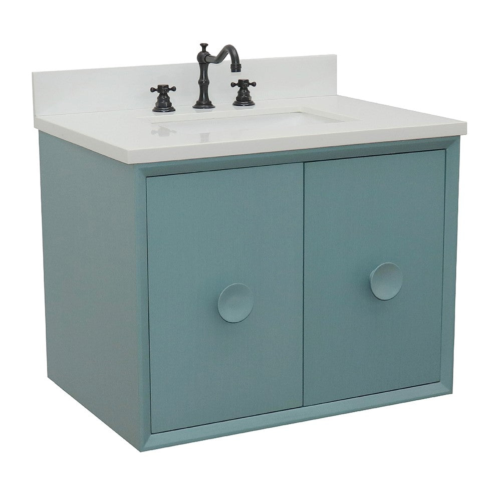 Bellaterra Home 31" Aqua Blue Single Sink Floating Bathroom Vanity with White Quartz Top and Rectangle Sink, Stora Collection