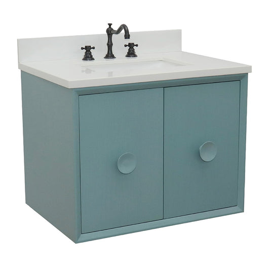 Bellaterra Home 31" Aqua Blue Single Sink Floating Bathroom Vanity with White Quartz Top and Rectangle Sink, Stora Collection