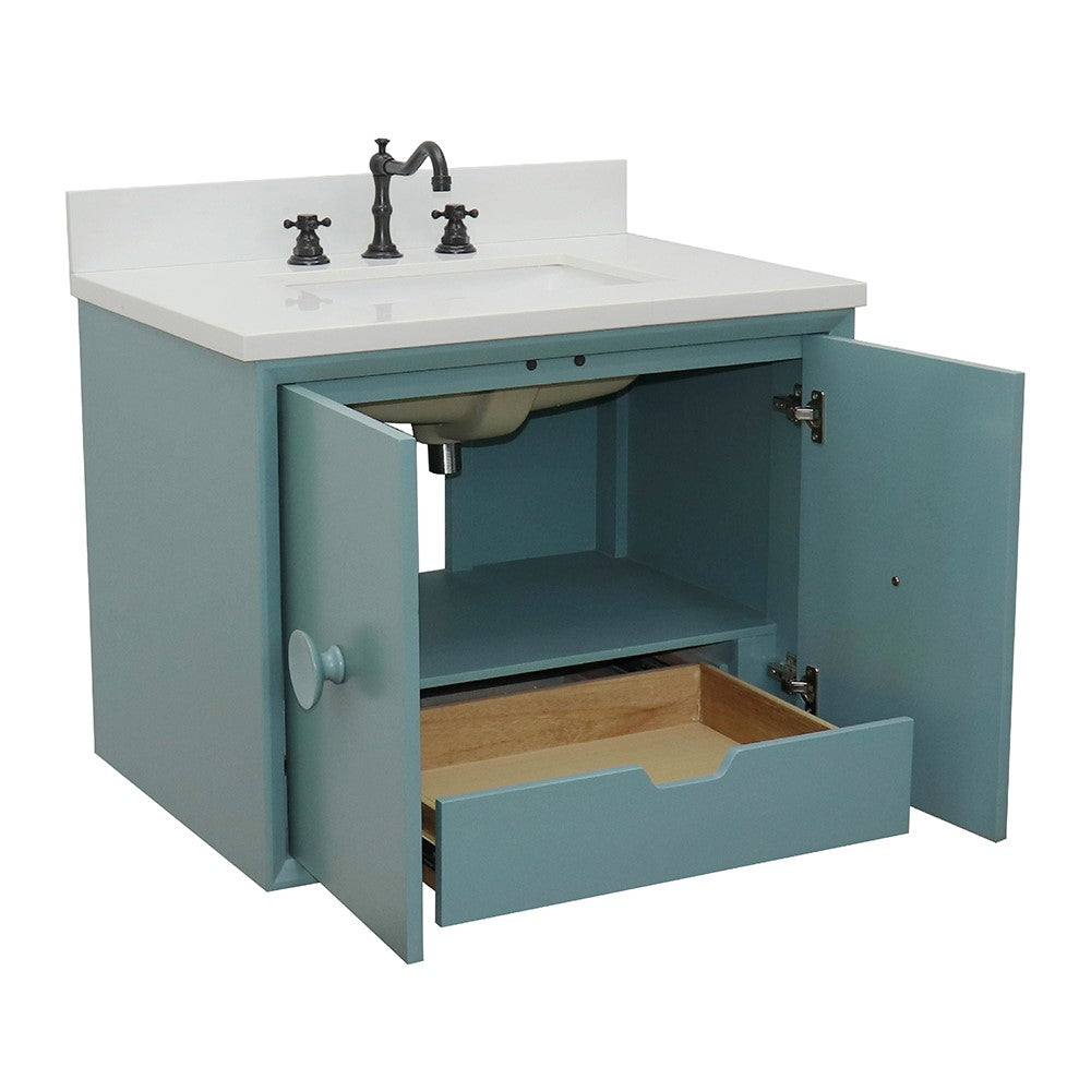 Bellaterra Home 31" Aqua Blue Single Sink Floating Bathroom Vanity with White Quartz Top and Rectangle Sink, Stora Collection