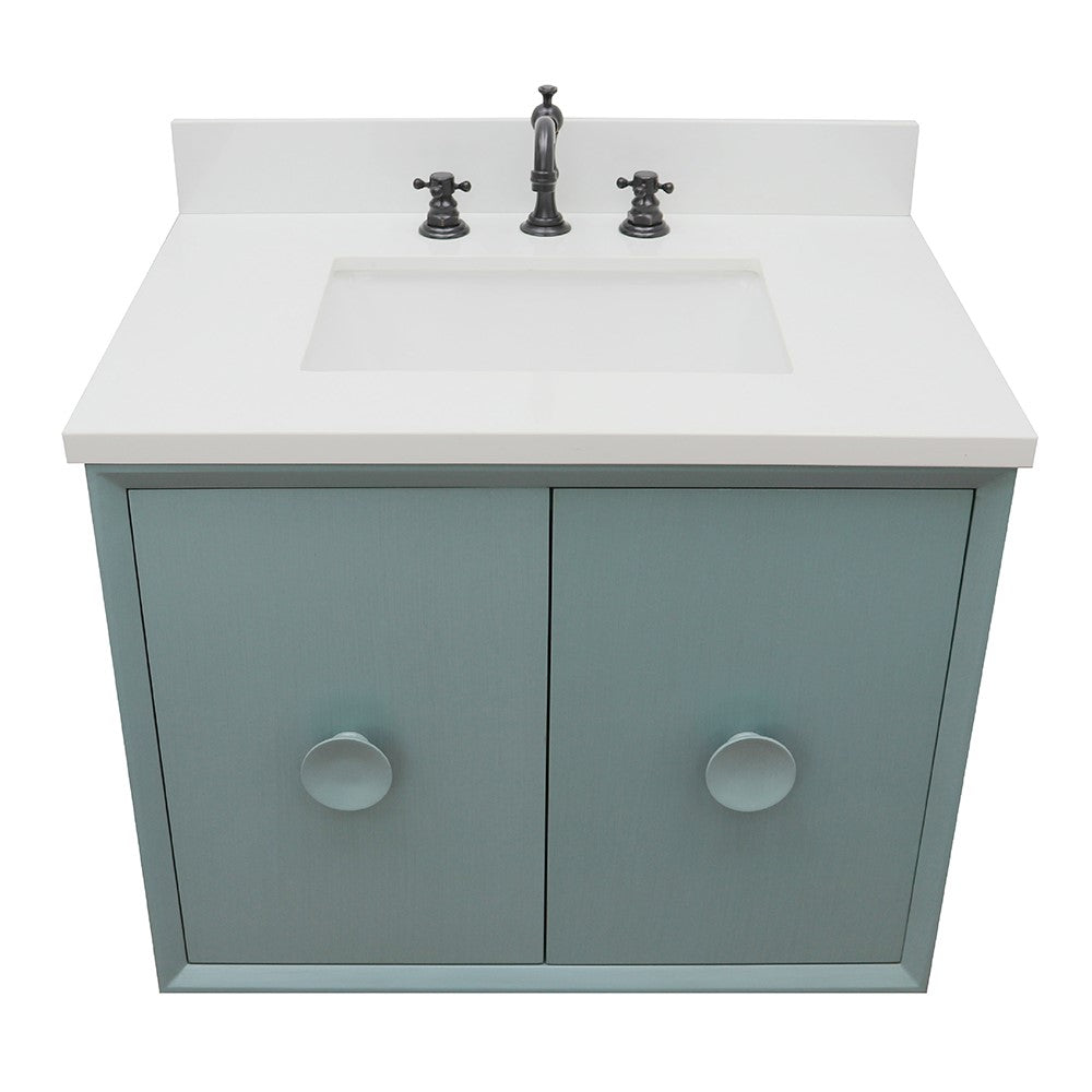 Bellaterra Home 31" Aqua Blue Single Sink Floating Bathroom Vanity with White Quartz Top and Rectangle Sink, Stora Collection