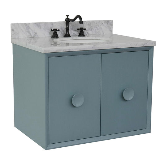 Bellaterra Home 31" Aqua Blue Single Sink Floating Bathroom Vanity with White Carrara Top and Oval Sink, Stora Collection