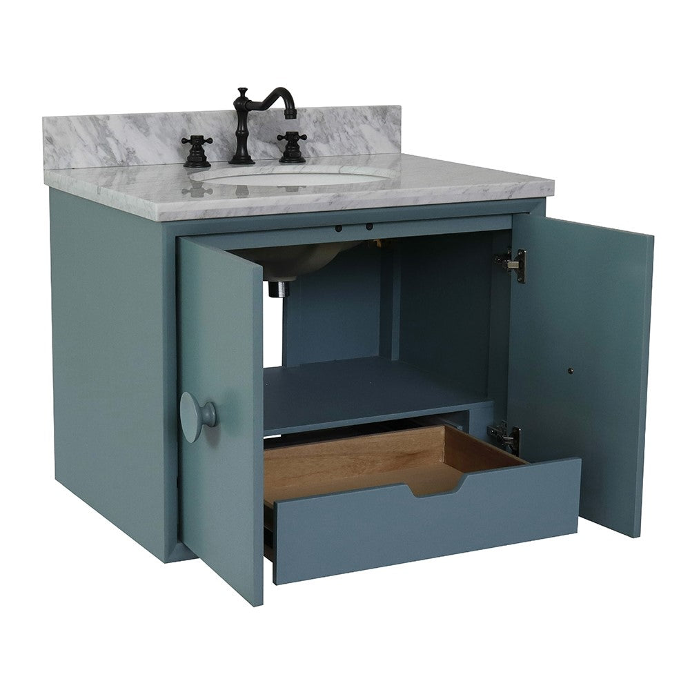 Bellaterra Home 31" Aqua Blue Single Sink Floating Bathroom Vanity with White Carrara Top and Oval Sink, Stora Collection