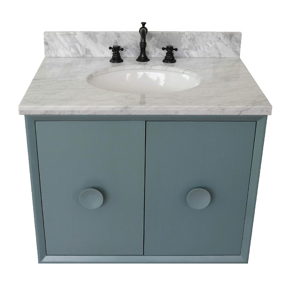 Bellaterra Home 31" Aqua Blue Single Sink Floating Bathroom Vanity with White Carrara Top and Oval Sink, Stora Collection