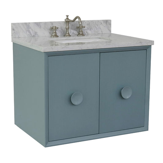 Bellaterra Home 31" Aqua Blue Single Sink Floating Bathroom Vanity with White Carrara Top and Rectangle Sink, Stora Collection