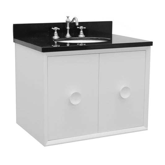 Bellaterra Home 31" White Single Sink Floating Bathroom Vanity with Black Galaxy Top and Oval Sink, Stora Collection