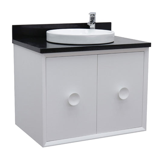 Bellaterra Home 31" White Single Sink Floating Bathroom Vanity with Black Galaxy Top and Round Sink, Stora Collection