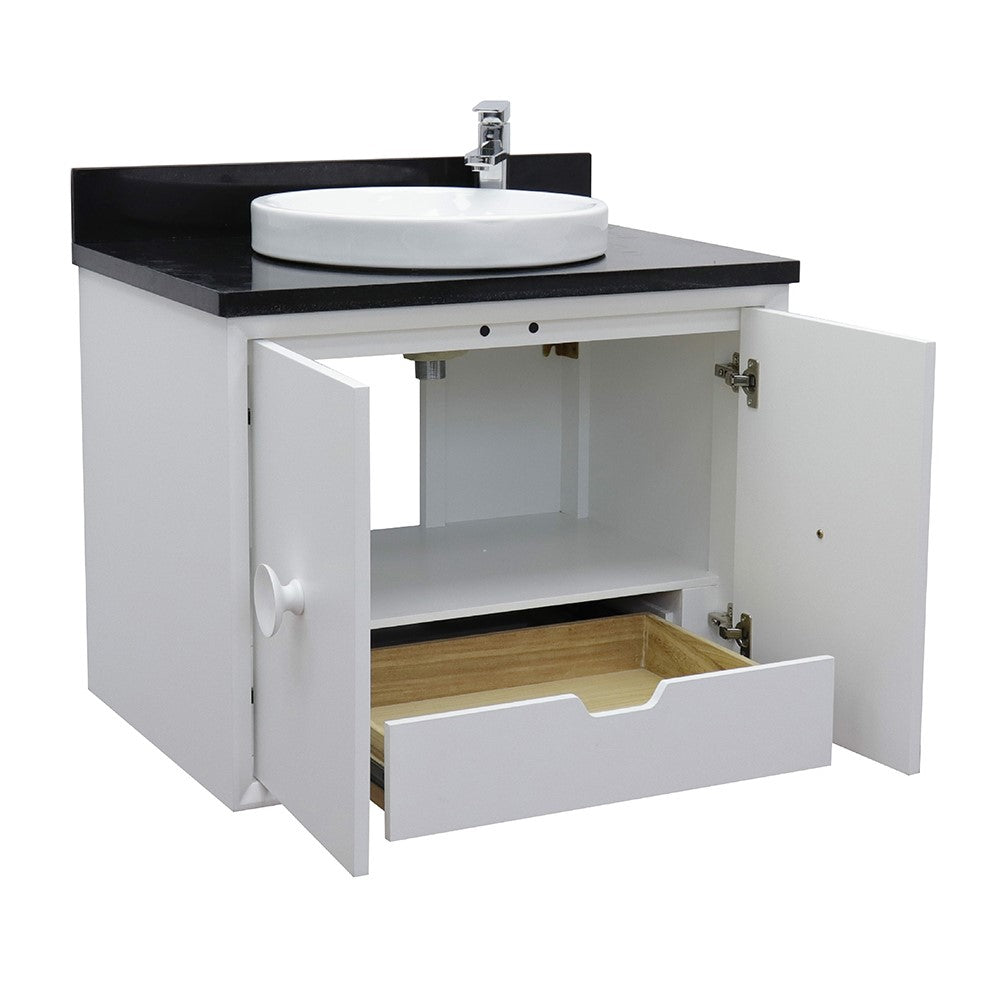 Bellaterra Home 31" White Single Sink Floating Bathroom Vanity with Black Galaxy Top and Round Sink, Stora Collection