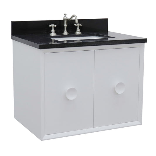 Bellaterra Home 31" White Single Sink Floating Bathroom Vanity with Black Galaxy Top and Rectangle Sink, Stora Collection