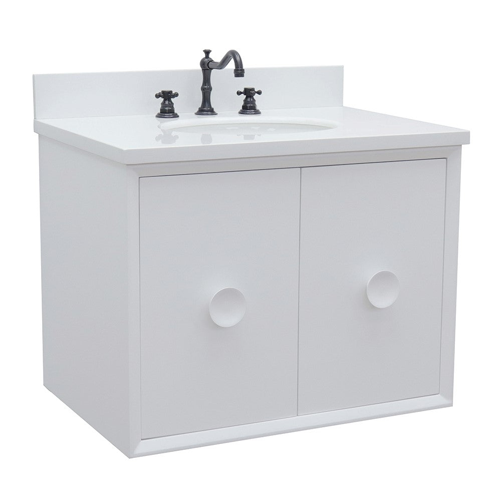 Bellaterra Home 31" White Single Sink Floating Bathroom Vanity with White Quartz Top and Oval Sink, Stora Collection