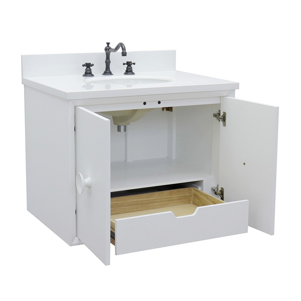 Bellaterra Home 31" White Single Sink Floating Bathroom Vanity with White Quartz Top and Oval Sink, Stora Collection