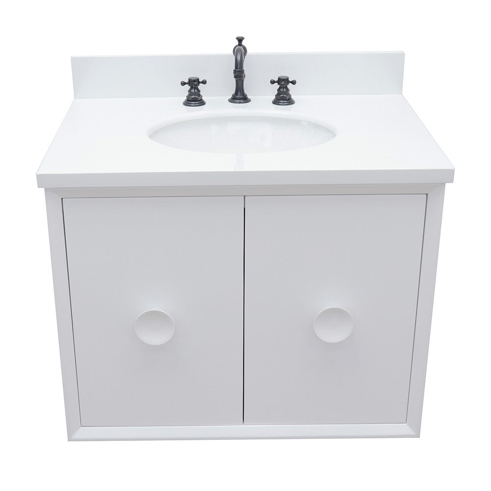 Bellaterra Home 31" White Single Sink Floating Bathroom Vanity with White Quartz Top and Oval Sink, Stora Collection