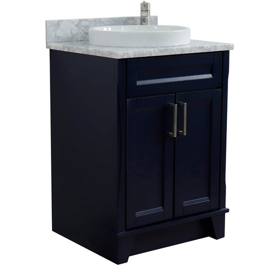 Bellaterra Home 25" Blue Single Sink Bathroom Vanity with White Carrara Marble and Round Sink