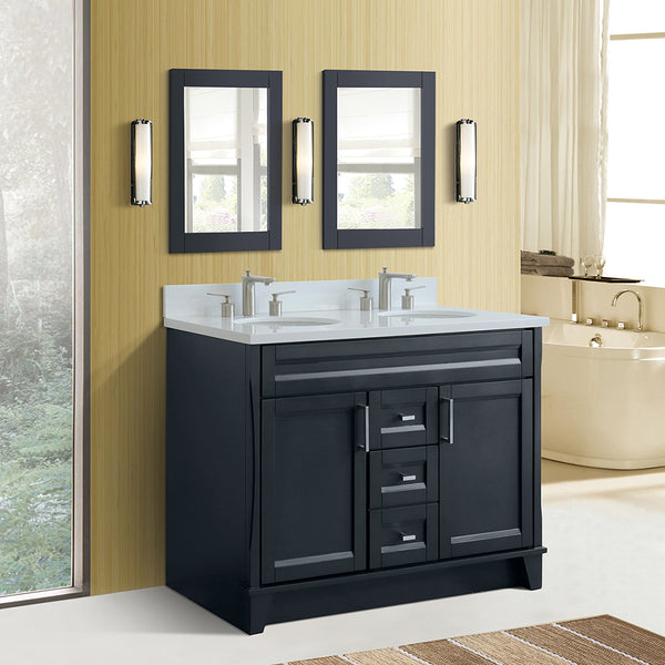 Bellaterra Home 49 Dark Gray Double Sink Bathroom with White Quartz and Oval Sink