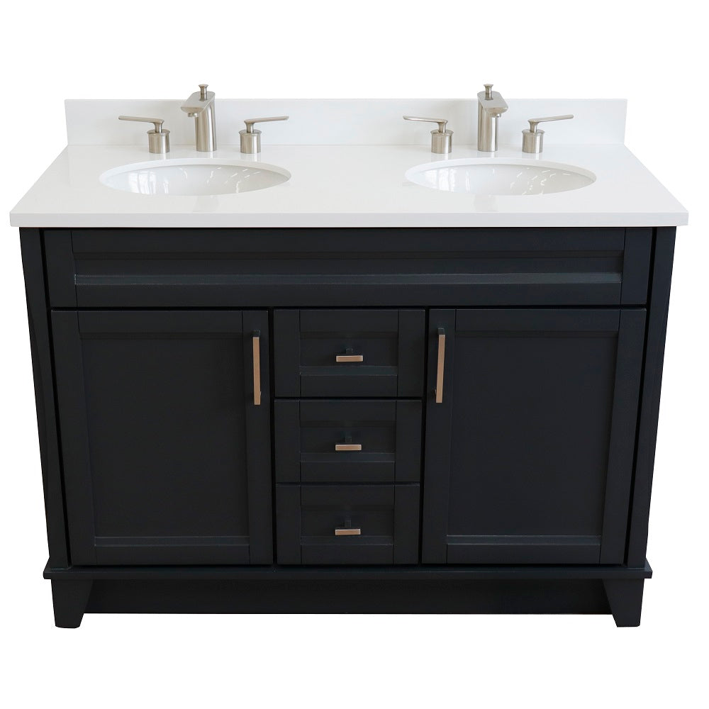 Bellaterra Home 49" Dark Gray Double Sink Bathroom with White Quartz and Oval Sink