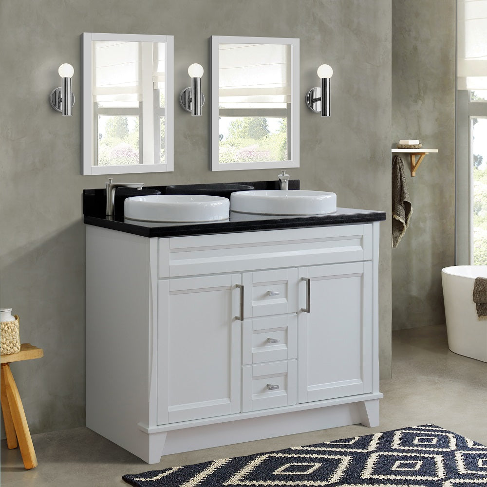 Bellaterra Home 49" White Double Sink Bathroom Vanity with Black Galaxy Granite and Round Sink