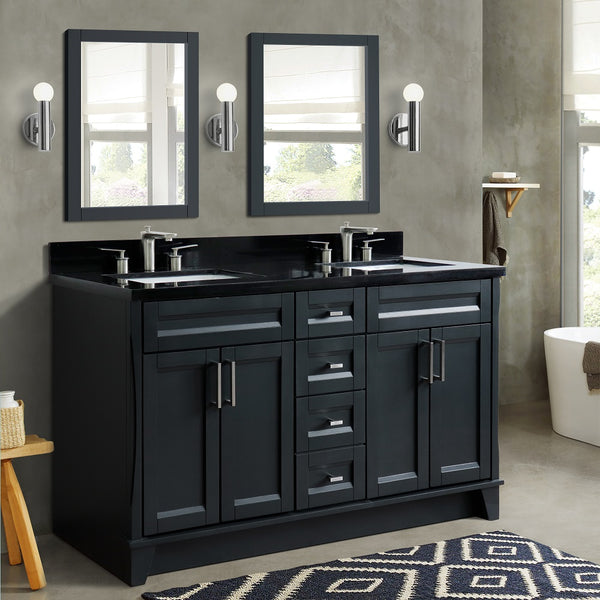 Bellaterra Home 61 Dark Gray Double Sink Bathroom Vanity and Black Galaxy Granite and Rectangle Sink