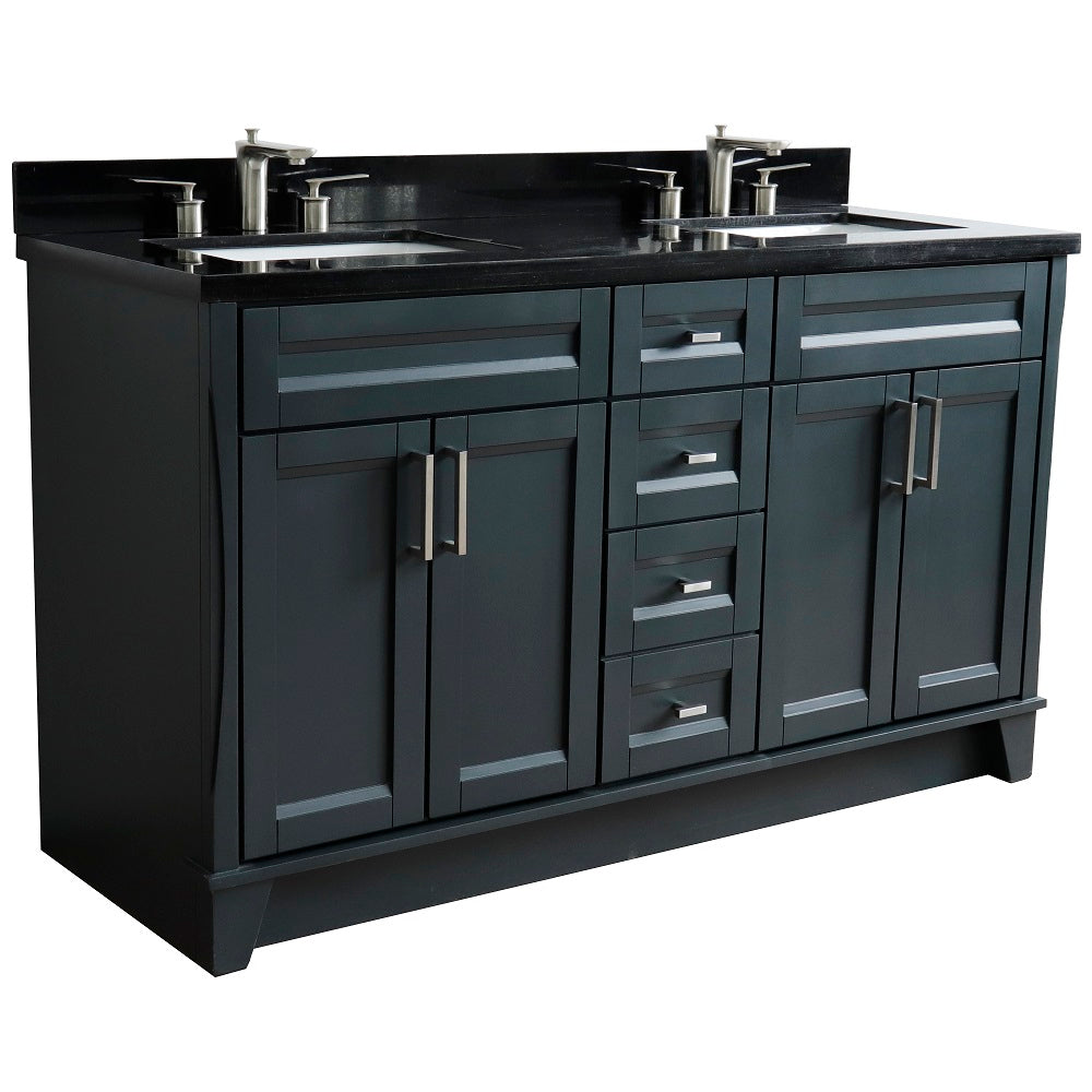 Bellaterra Home 61" Dark Gray Double Sink Bathroom Vanity and Black Galaxy Granite and Rectangle Sink