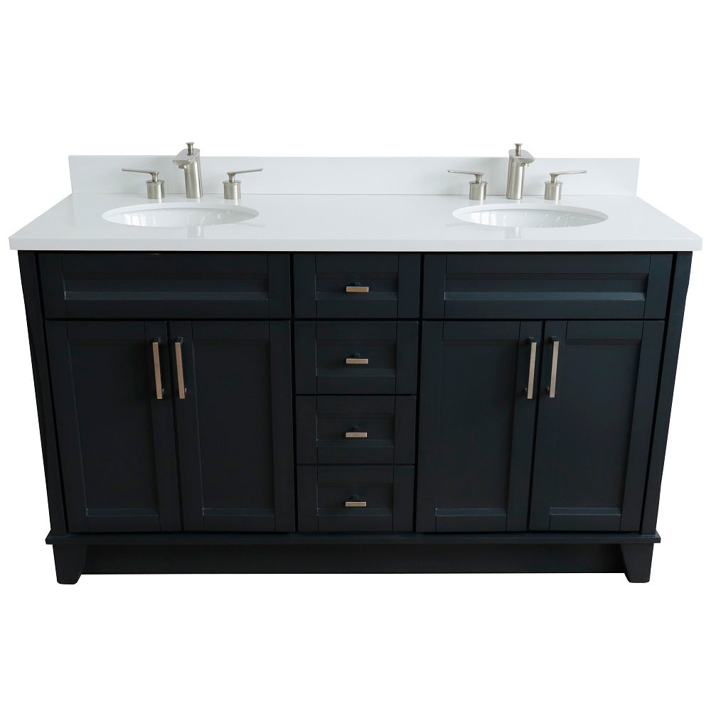 Bellaterra Home 61" Dark Gray Double Sink Bathroom Vanity and White Quartz and Oval Sink