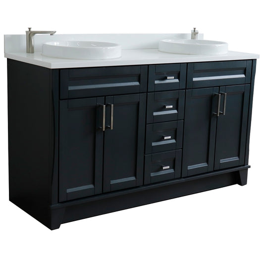 Bellaterra Home 61" Dark Gray Double Sink Bathroom Vanity and White Quartz and Round Sink