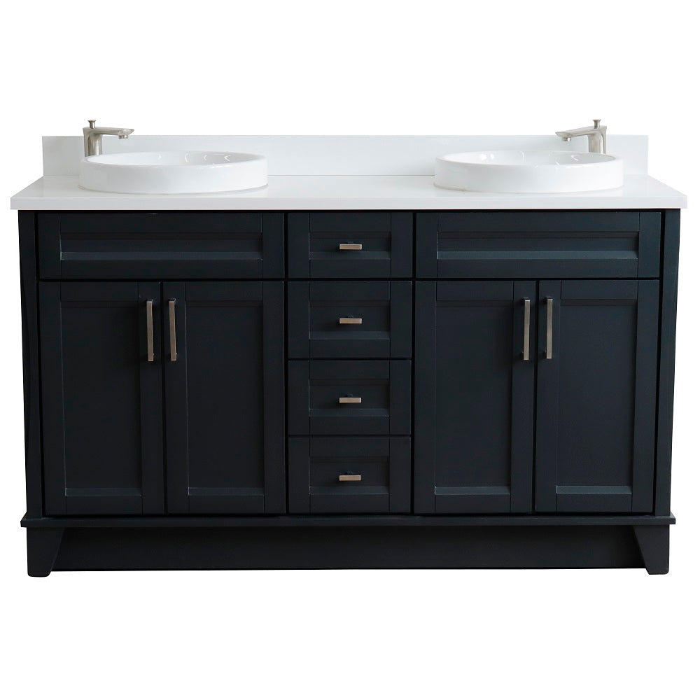 Bellaterra Home 61" Dark Gray Double Sink Bathroom Vanity and White Quartz and Round Sink