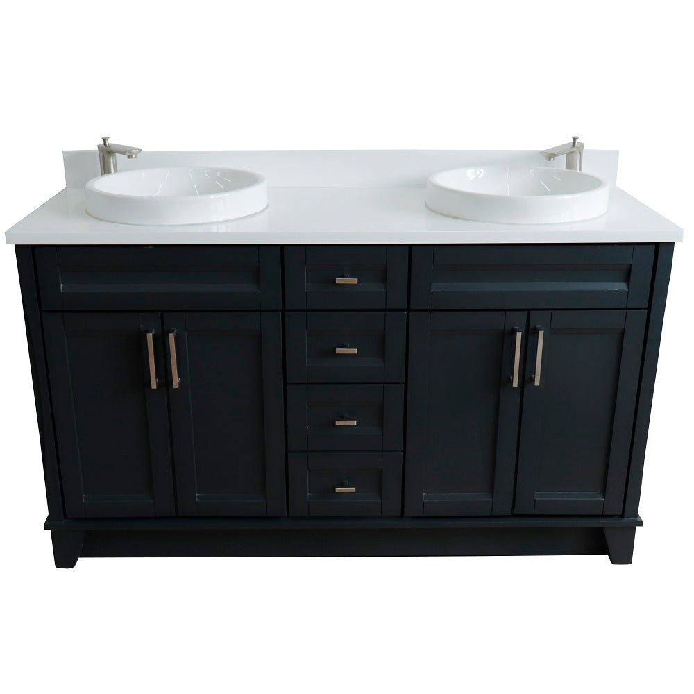 Bellaterra Home 61" Dark Gray Double Sink Bathroom Vanity and White Quartz and Round Sink