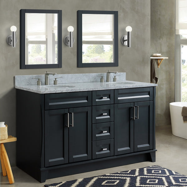 Bellaterra Home 61 Dark Gray Double Sink Bathroom Vanity and White Carrara Marble and Oval Sink