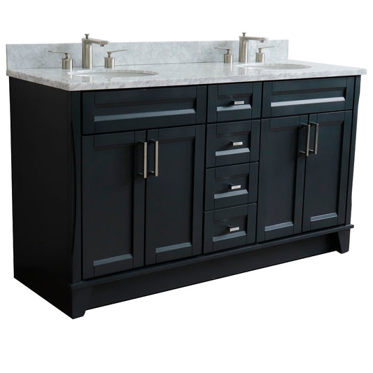 Bellaterra Home 61" Dark Gray Double Sink Bathroom Vanity and White Carrara Marble and Oval Sink