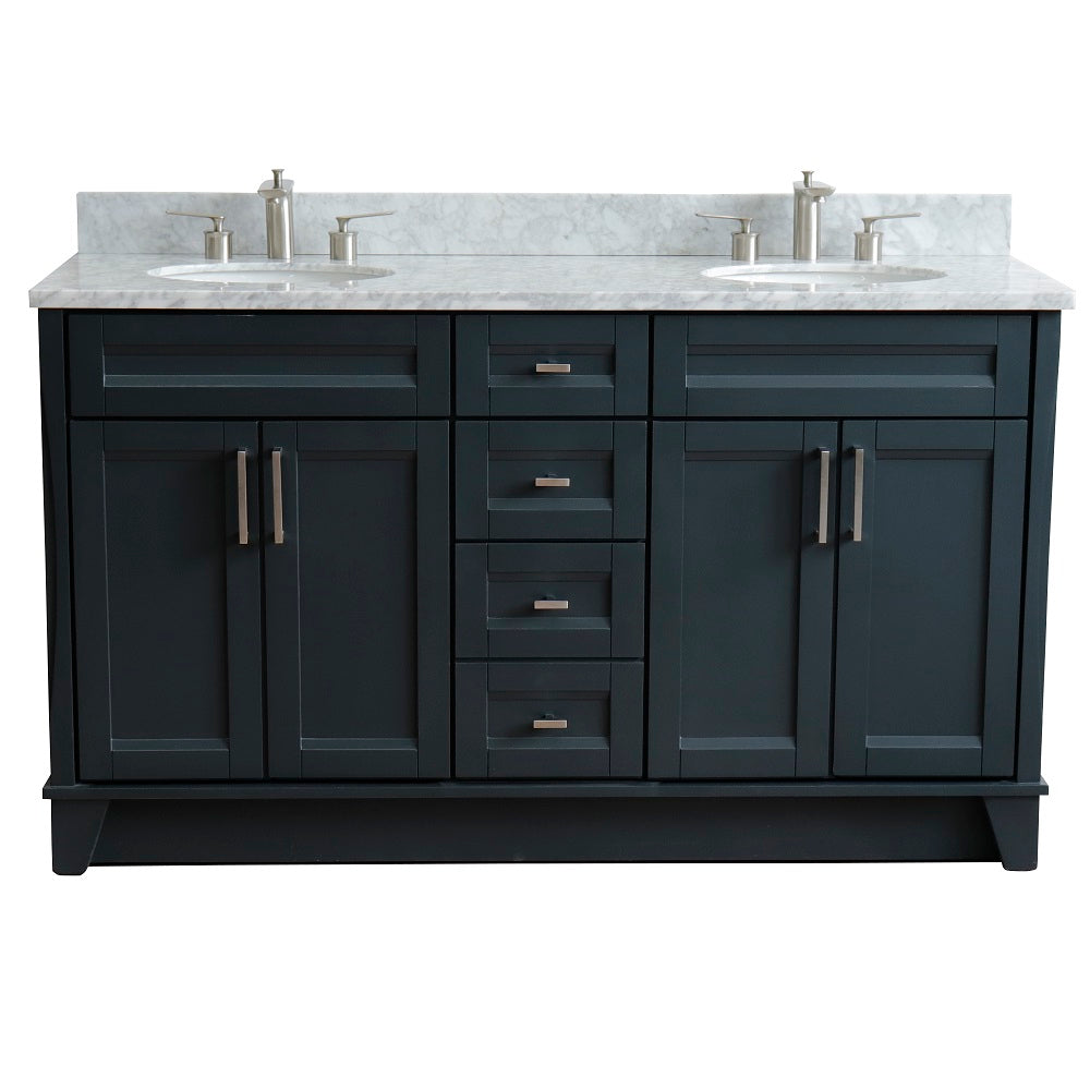 Bellaterra Home 61" Dark Gray Double Sink Bathroom Vanity and White Carrara Marble and Oval Sink