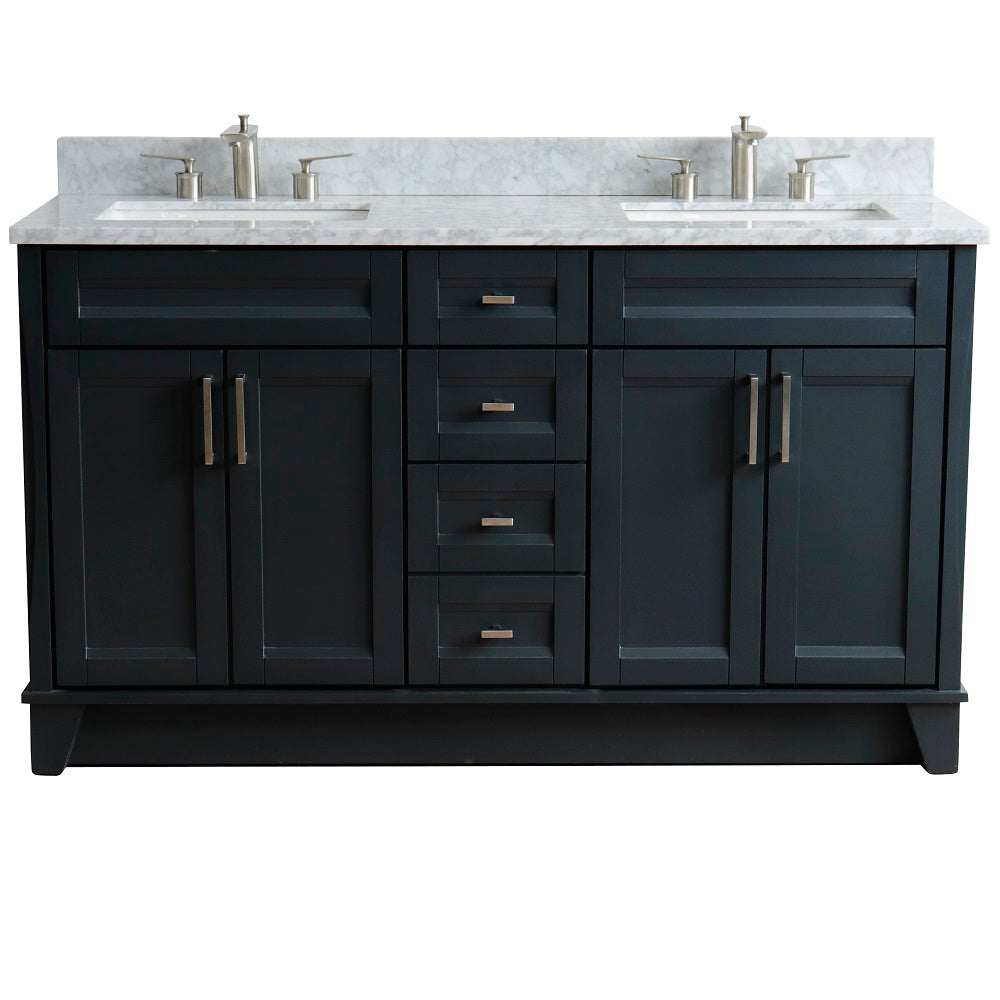 Bellaterra Home 61" Dark Gray Double Sink Bathroom Vanity  and White Carrara Marble and Rectangle Sink