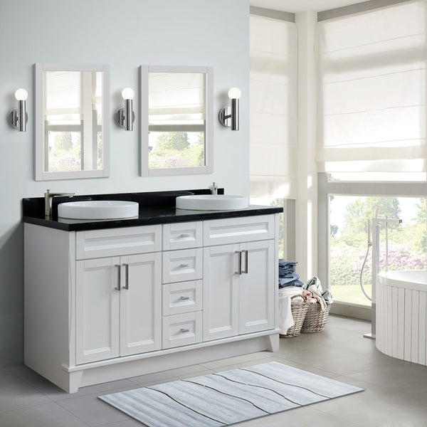 Bellaterra Home 61 White Double Sink Bathroom Vanity and Black Galaxy Granite and Round Sink