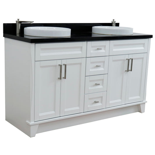 Bellaterra Home 61" White Double Sink Bathroom Vanity and Black Galaxy Granite and Round Sink