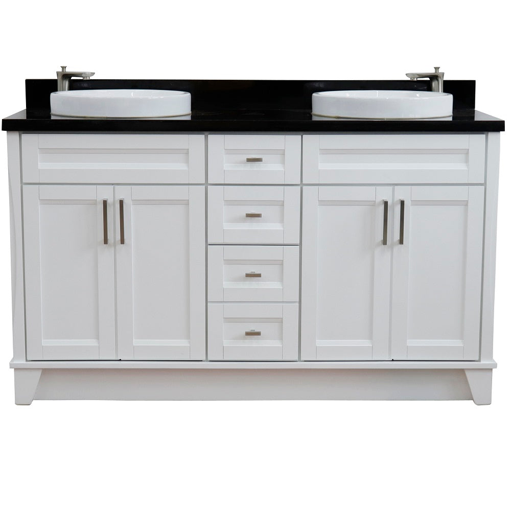 Bellaterra Home 61" White Double Sink Bathroom Vanity and Black Galaxy Granite and Round Sink