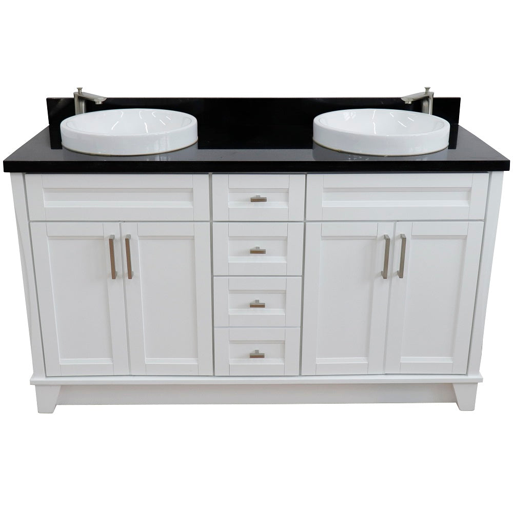 Bellaterra Home 61" White Double Sink Bathroom Vanity and Black Galaxy Granite and Round Sink