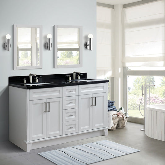 Bellaterra Home 61" White Double Sink Bathroom Vanity and Black Galaxy Granite and Rectangle Sink