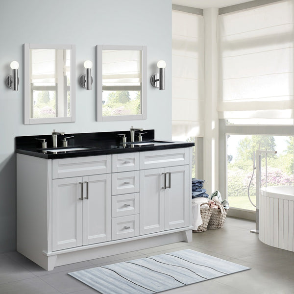 Bellaterra Home 61 White Double Sink Bathroom Vanity and Black Galaxy Granite and Rectangle Sink