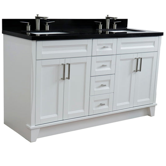 Bellaterra Home 61" White Double Sink Bathroom Vanity and Black Galaxy Granite and Rectangle Sink