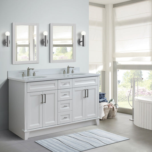 Bellaterra Home 61" White Double Sink Bathroom Vanity and White Quartz and Oval Sink