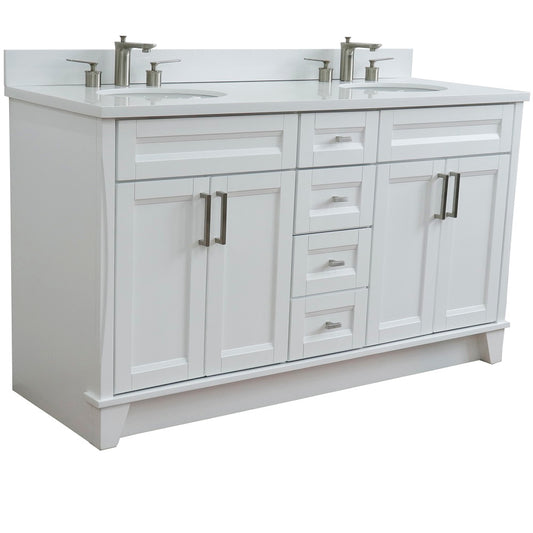 Bellaterra Home 61" White Double Sink Bathroom Vanity and White Quartz and Oval Sink