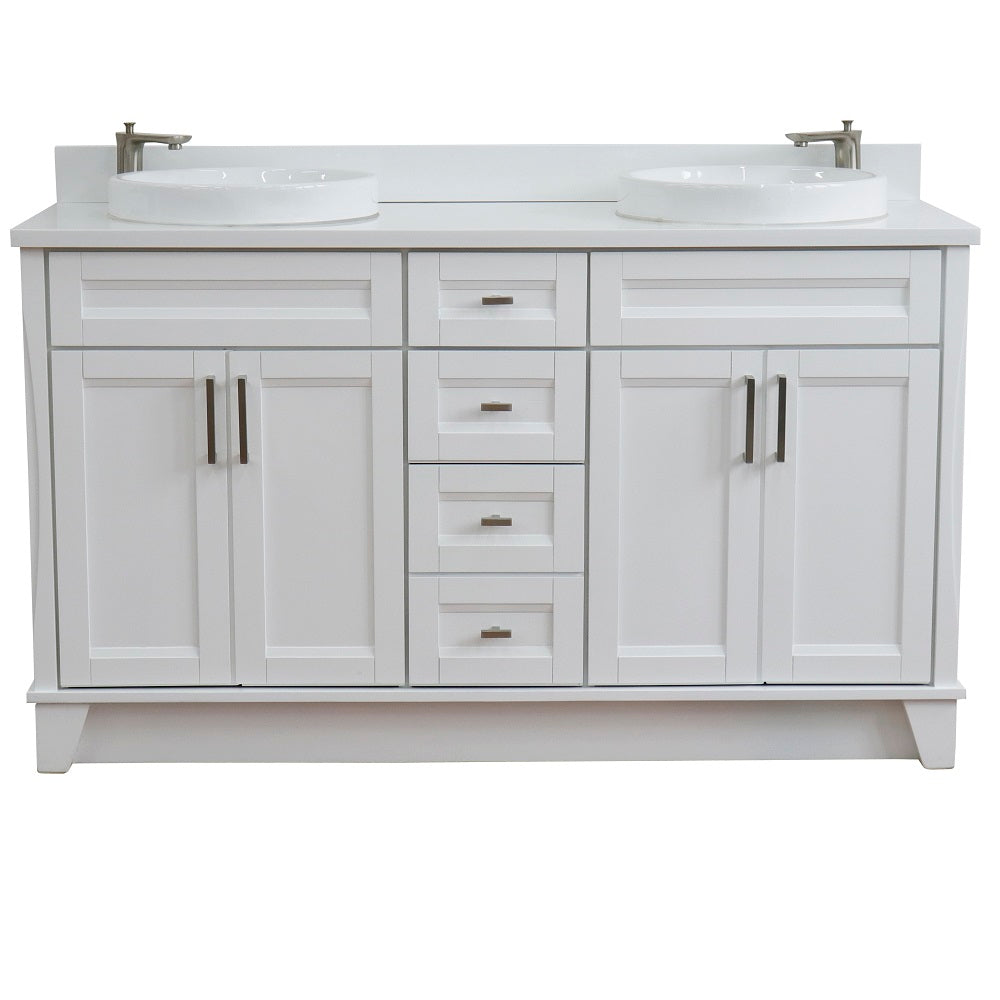 Bellaterra Home 61" White Double Sink Bathroom Vanity and White Quartz and Round Sink