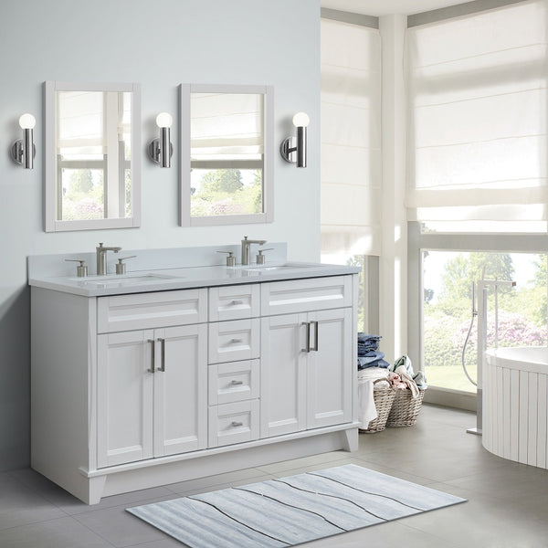 Bellaterra Home 61 White Double Sink Bathroom Vanity and White Quartz and Rectangle Sink