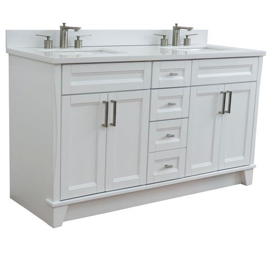 Bellaterra Home 61" White Double Sink Bathroom Vanity and White Quartz and Rectangle Sink