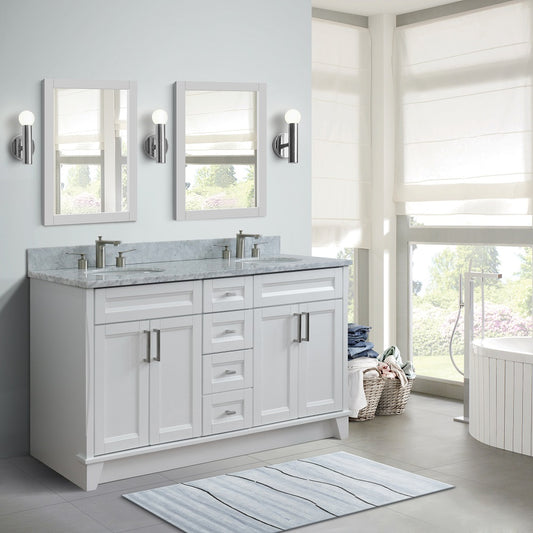 Bellaterra Home 61" White Double Sink Bathroom Vanity and White Carrara Marble and Oval Sink